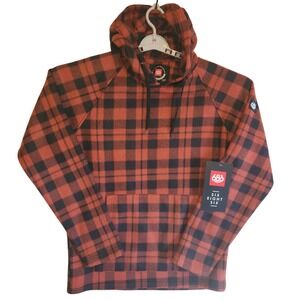 686 Bliztex Fleece Pullover Hoodie Mens Small Rust Red Black Plaid Snowboard